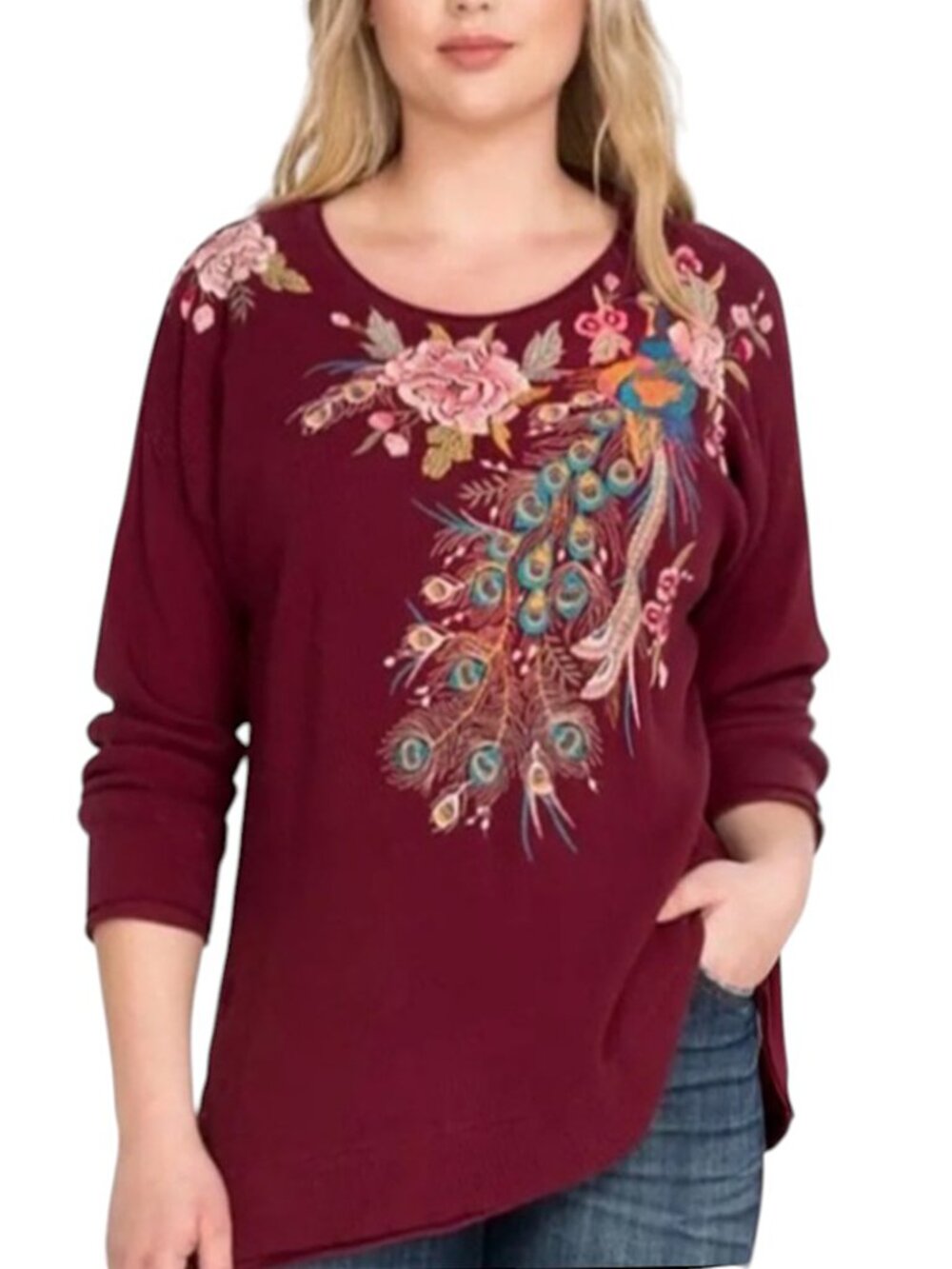 JOHNNY WAS QUITO THERMAL KNIT TEE BOHO FLORAL PEACOCK EMBROIDERY RELAXED CHIC PS